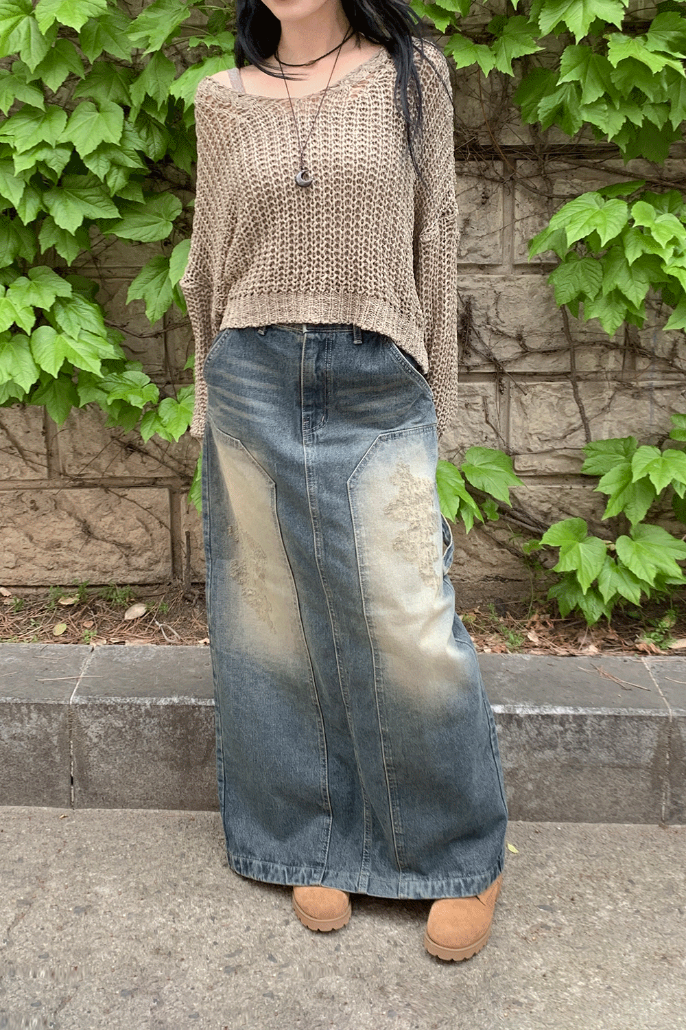 blur damage denim long skirt